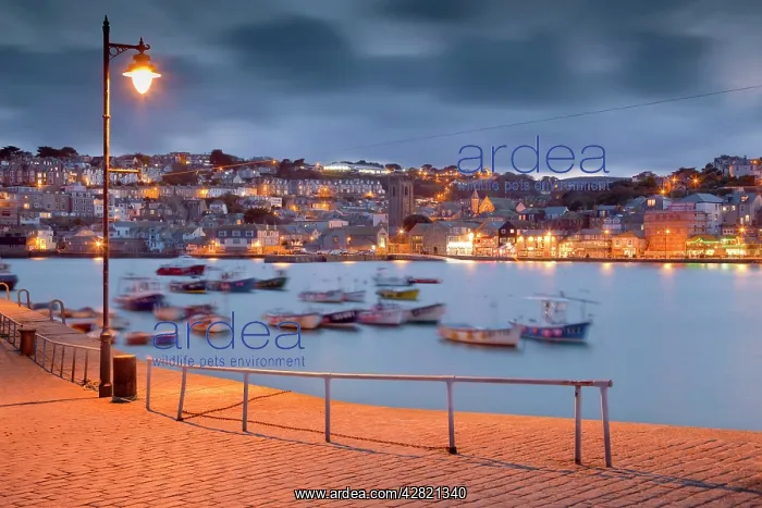 : St Ives - harbour and town from the pier at night : St Ives - harbour and town from the pier at night