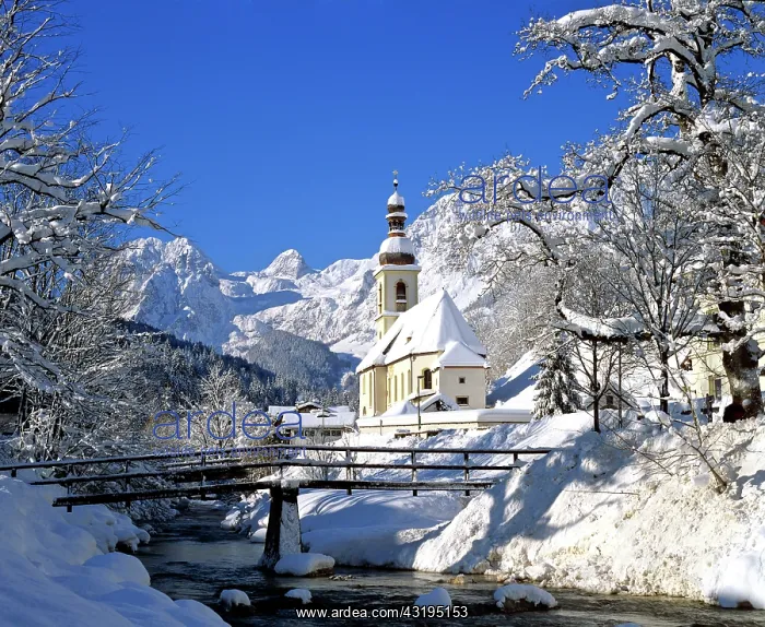 : St. Sebastian's Church and Ramsauer Ache River in : St. Sebastian's Church and Ramsauer Ache River in