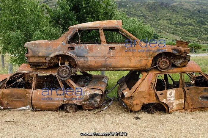 : Stack of three rusty car wrecks, car cementery : Stack of three rusty car wrecks, car cementery