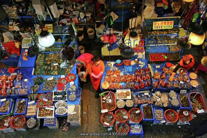 : Stalls at Noryangjin Fish and Seafood Market in Seoul, K : Stalls at Noryangjin Fish and Seafood Market in Seoul, K