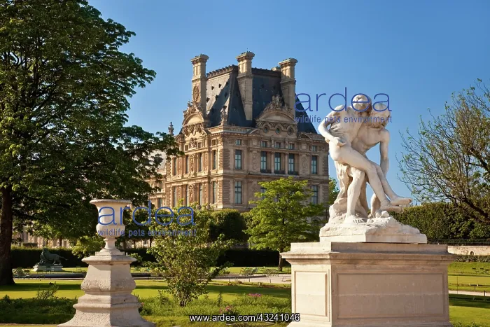 : Statue in Jardin des Tuileries with Musee : Statue in Jardin des Tuileries with Musee