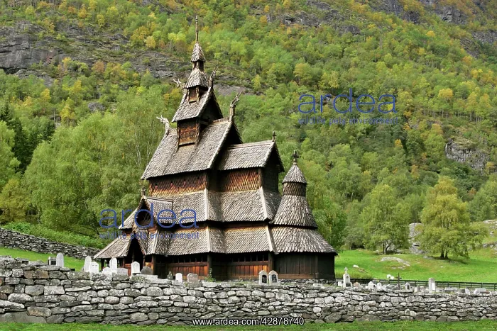 : Stave church of Borgund - with cemetery in early autumn : Stave church of Borgund - with cemetery in early autumn