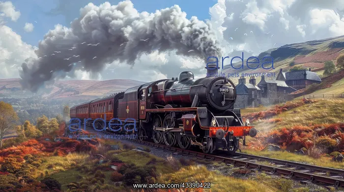  : Steam engine travels through autumn landscape with