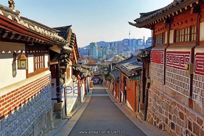 : Street scene in the old town of Bukchon Hanok village in : Street scene in the old town of Bukchon Hanok village in