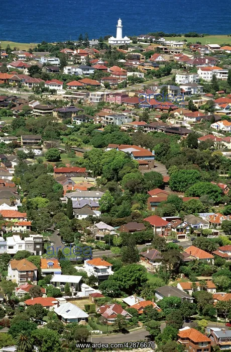: Suburb of Vaucluse aerial, with Macquarie Lighthouse beyond : Suburb of Vaucluse aerial, with Macquarie Lighthouse beyond