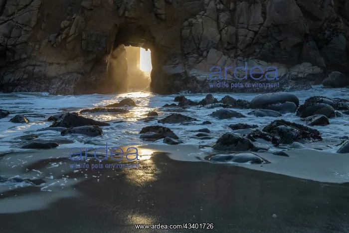 : Sun shines through a tunnel in a sea cliff in the : Sun shines through a tunnel in a sea cliff in the