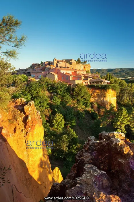 : Sunrise view over hilltop town of Roussillon : Sunrise view over hilltop town of Roussillon