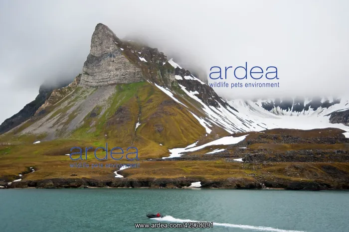 : Svalbard - Zodiac heading to land - with dramatic : Svalbard - Zodiac heading to land - with dramatic