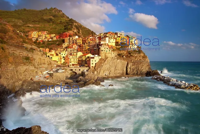 : Swirling ocean at the foot of medieval town : Swirling ocean at the foot of medieval town