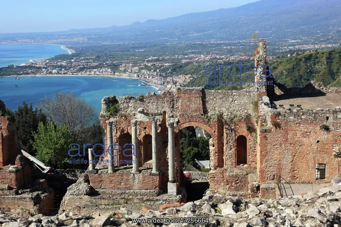 : Taormina, view from the ancient theatre to the coastal : Taormina, view from the ancient theatre to the coastal