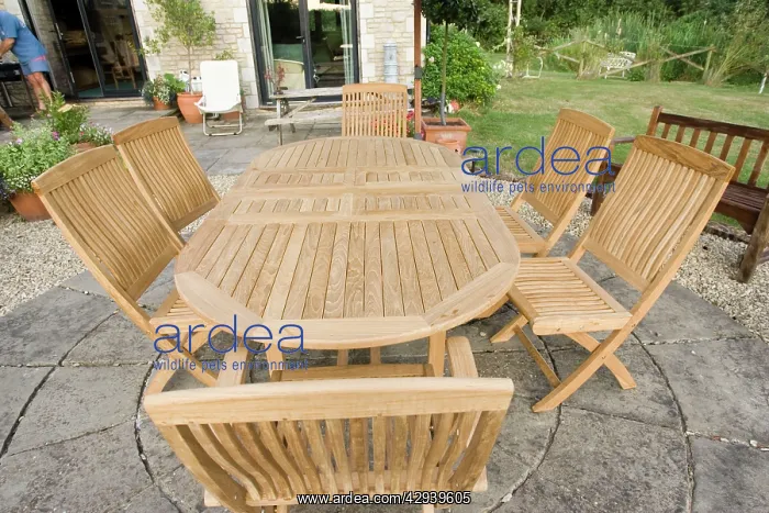 : Teak garden table and chairs on patio, Cotswolds, UK : Teak garden table and chairs on patio, Cotswolds, UK