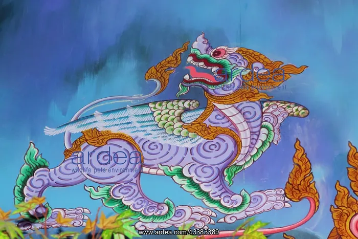 : Thailand, Phuket. Mural of mythical creatures. Winged lion : Thailand, Phuket. Mural of mythical creatures. Winged lion