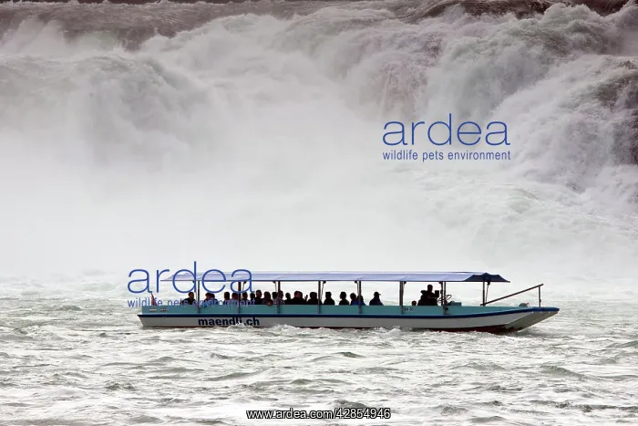 : Tourist boat and visitors at Rhine Falls (Rheinfall) : Tourist boat and visitors at Rhine Falls (Rheinfall)