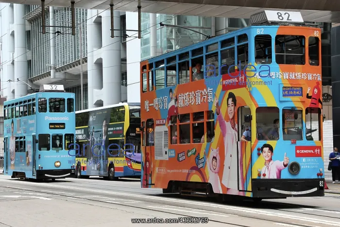 : Traditional Hong Kong trams in Central, Hong Kong, China : Traditional Hong Kong trams in Central, Hong Kong, China