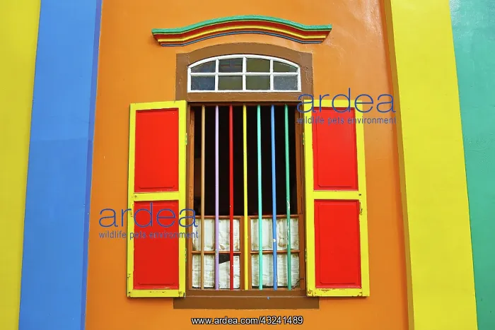 : Traditional rainbow coloured house with colourful window : Traditional rainbow coloured house with colourful window