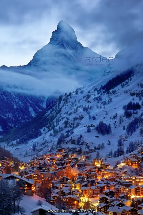 : Twilight over the Matterhorn and village : Twilight over the Matterhorn and village