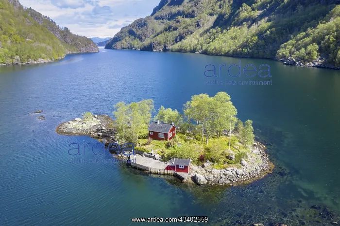 : Typical red norwegian cottage on a little island : Typical red norwegian cottage on a little island