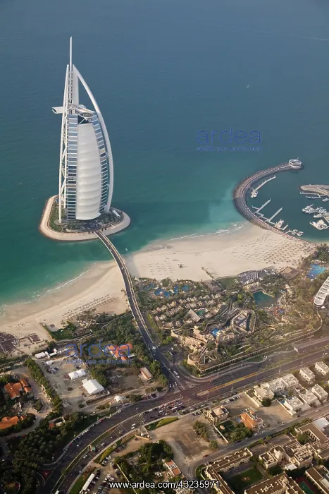 : UAE, Dubai. Aerial image of Burj al Arab : UAE, Dubai. Aerial image of Burj al Arab