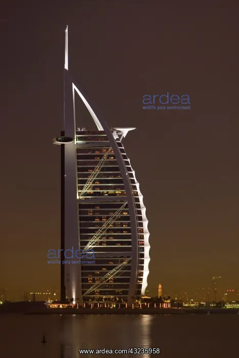 : UAE, Dubai. Burj al Arab Hotel in evening : UAE, Dubai. Burj al Arab Hotel in evening
