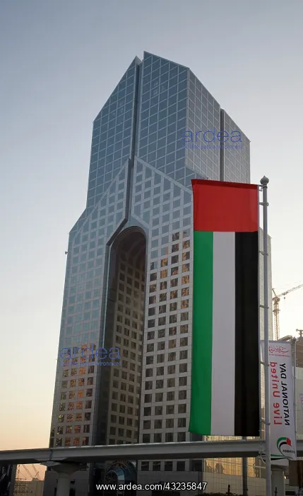 : UAE, Dubai. View of Dusit Thani Hotel with : UAE, Dubai. View of Dusit Thani Hotel with