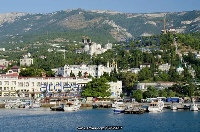 : Ukraine, Yalta. Black Sea view of the port : Ukraine, Yalta. Black Sea view of the port