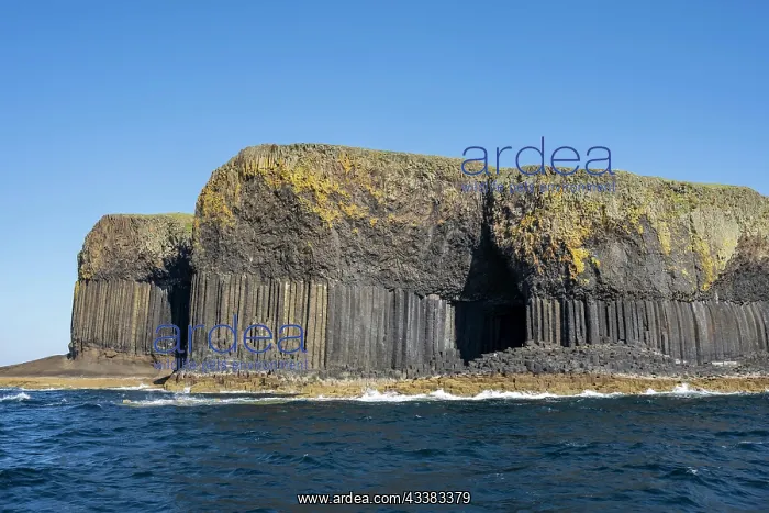 : The uninhabited rocky island of Staffa with its : The uninhabited rocky island of Staffa with its