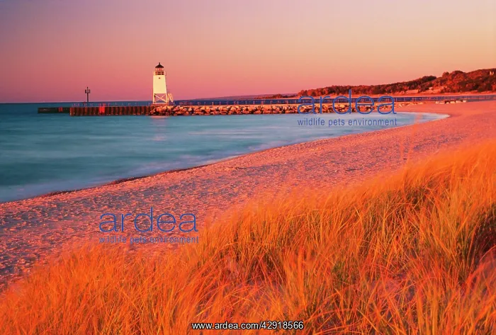 : USA - Charlevoix Lighthouse and beach at sunset : USA - Charlevoix Lighthouse and beach at sunset