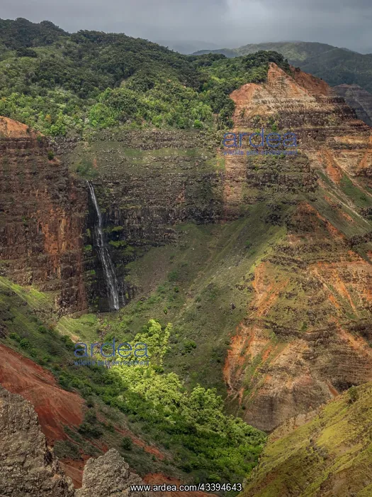 : USA, Kauai, Hawaii. Colorful gorge and Waipoo Waterfall : USA, Kauai, Hawaii. Colorful gorge and Waipoo Waterfall
