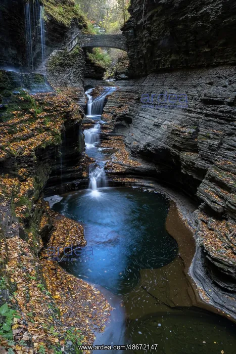 : USA, New York. Series of waterfalls and bridge in Watkins : USA, New York. Series of waterfalls and bridge in Watkins
