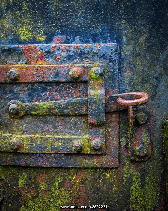 : USA, Oregon, Tillamook. Close-up of lock on metal boiler : USA, Oregon, Tillamook. Close-up of lock on metal boiler