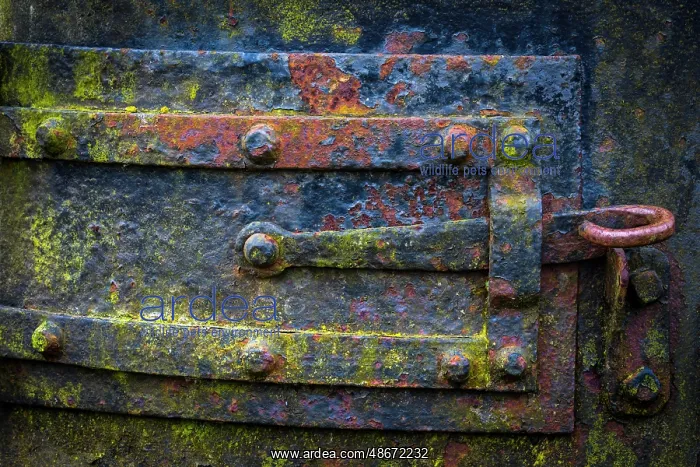 : USA, Oregon, Tillamook. Close-up of lock on metal boiler : USA, Oregon, Tillamook. Close-up of lock on metal boiler