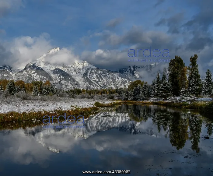: USA, Wyoming. Fall snow and reflection of Teton : USA, Wyoming. Fall snow and reflection of Teton