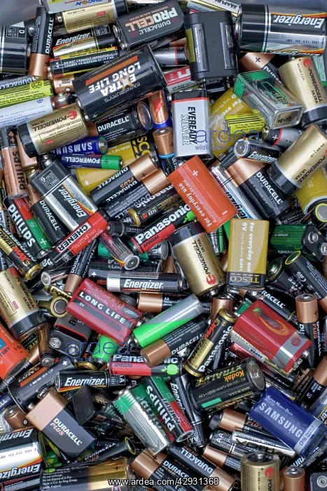 : Used dry-cell batteries of various sizes collected : Used dry-cell batteries of various sizes collected