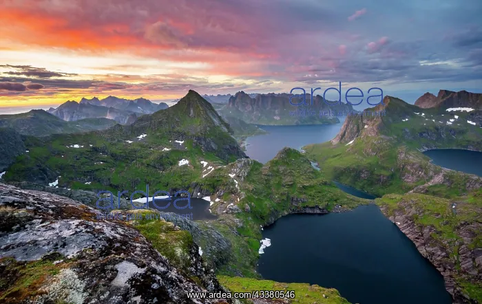 : View over mountain tops and sea, with lakes Litlforsvatnet : View over mountain tops and sea, with lakes Litlforsvatnet