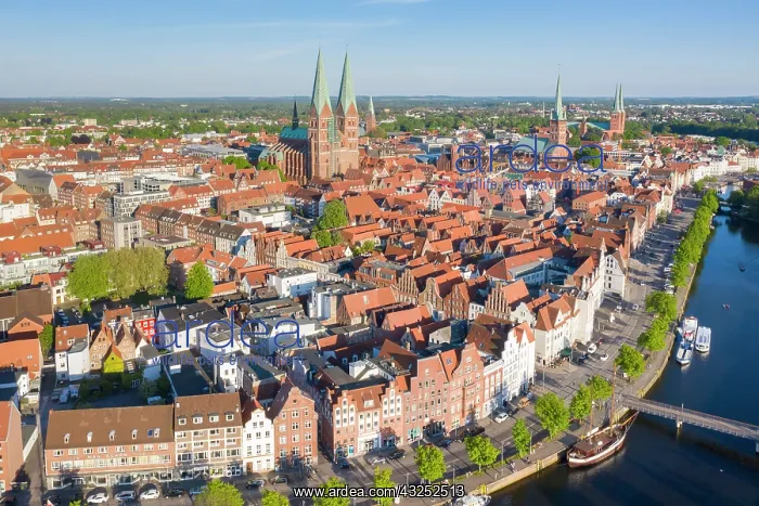 : View of the old town and the museum harbour of Luebeck : View of the old town and the museum harbour of Luebeck