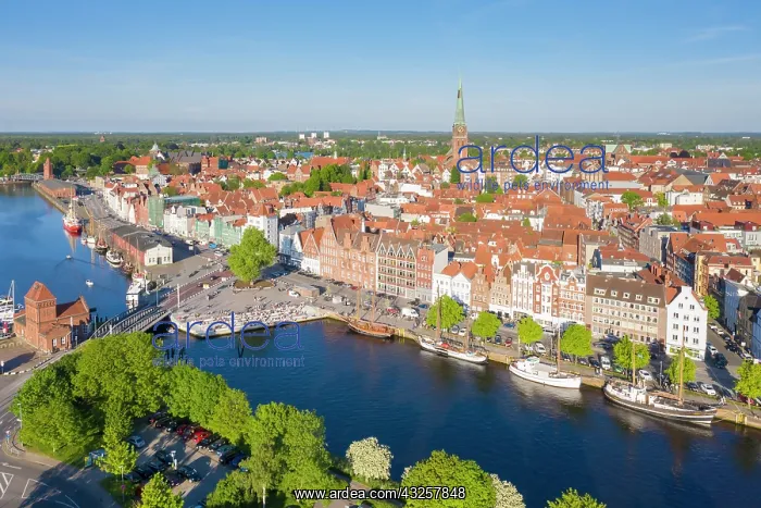 : View of the old town and the museum harbour of Luebeck : View of the old town and the museum harbour of Luebeck
