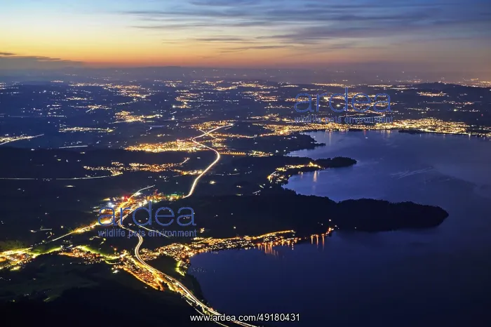 : View from Rigi Kulm to the sea of lights with the motorway : View from Rigi Kulm to the sea of lights with the motorway