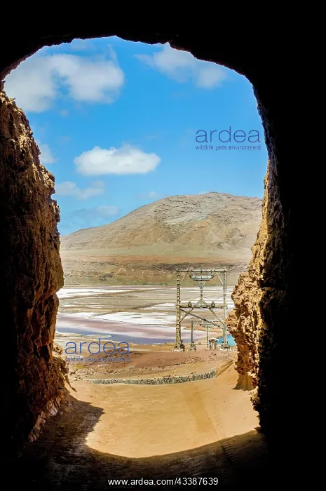 : View through rock to salina at sandbeach. Sal. P : View through rock to salina at sandbeach. Sal. P