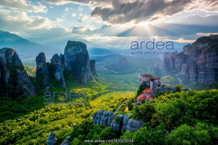 : View with sunset with sun rays over the monastery : View with sunset with sun rays over the monastery