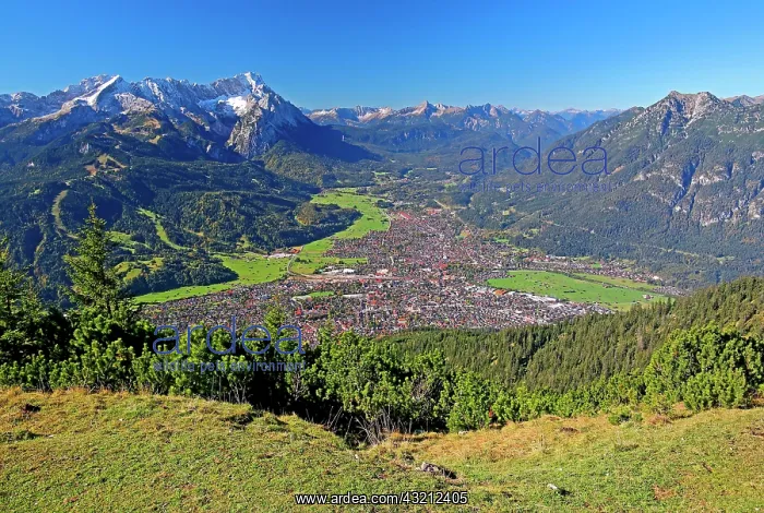 : View from Wank to the village with Alpspitze 2628m : View from Wank to the village with Alpspitze 2628m