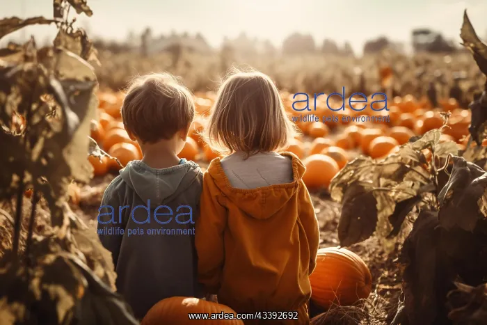 : Back view of two young children in pumpkin patch : Back view of two young children in pumpkin patch