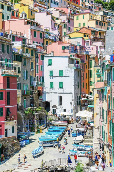 : The village of Riomaggiore with its nested pastel-coloured : The village of Riomaggiore with its nested pastel-coloured