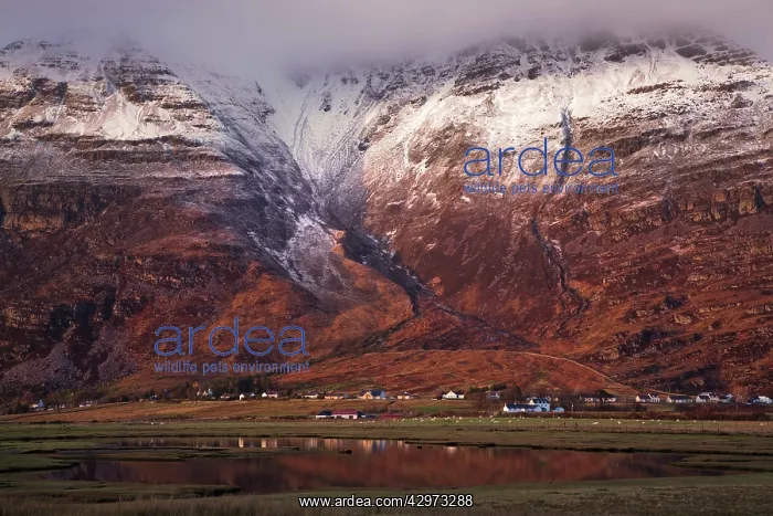 : The village of Torridon in evening light below : The village of Torridon in evening light below