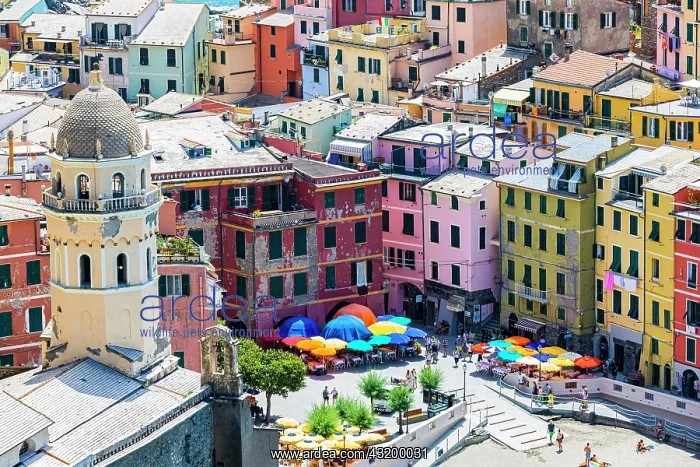 : The village of Vernazza with its nested pastel-coloured : The village of Vernazza with its nested pastel-coloured