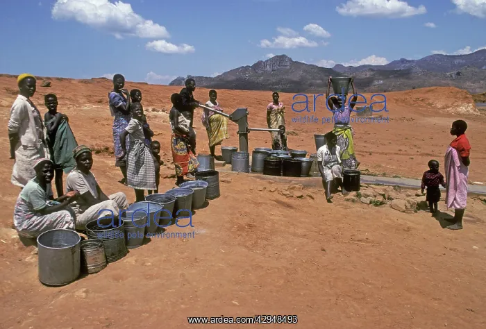 : Villagers collecting water at water pump and new borehole : Villagers collecting water at water pump and new borehole