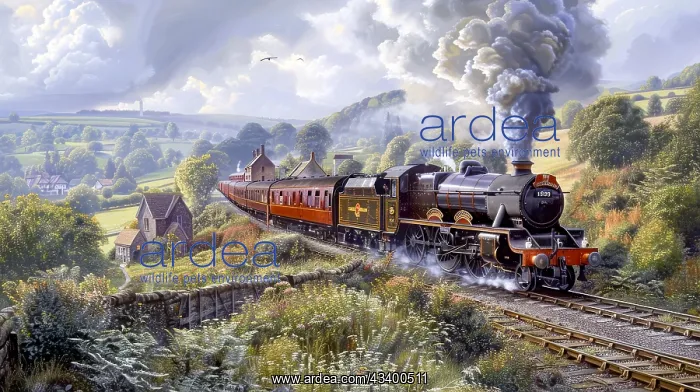 : A vintage steam train chugs through the countryside : A vintage steam train chugs through the countryside