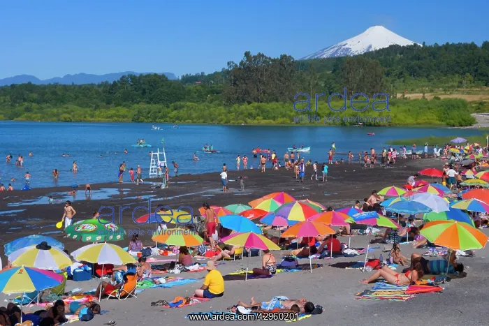: Volcano Villarrica and beach - snow covered volcano : Volcano Villarrica and beach - snow covered volcano
