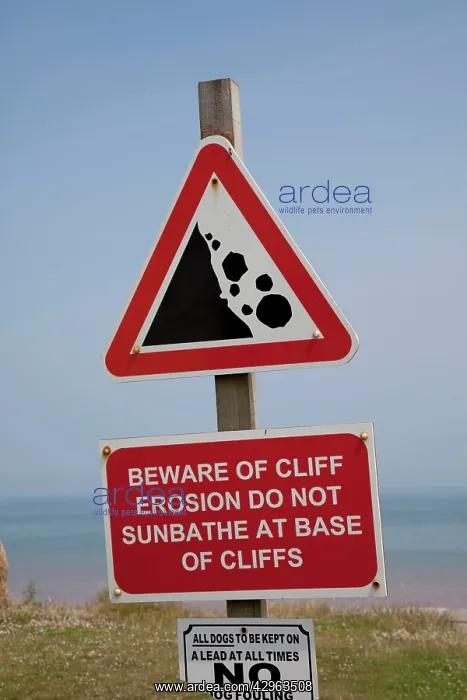 : Warning sign coastal erosion on cliffs : Warning sign coastal erosion on cliffs