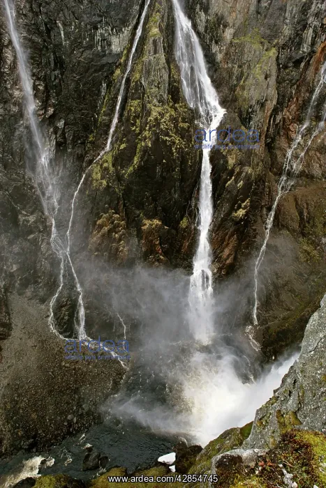 : waterfalls - view into deep gorge towards the thundering : waterfalls - view into deep gorge towards the thundering