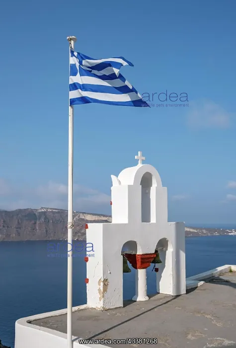 : Whitewashed belfry and Greek national flag, Ia : Whitewashed belfry and Greek national flag, Ia